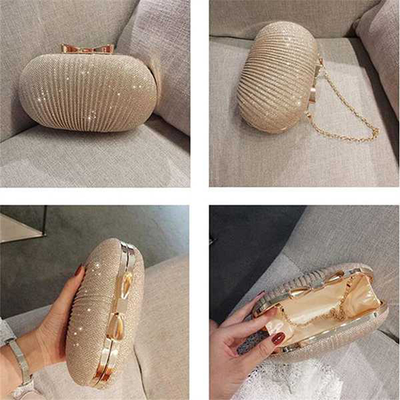 Golden Evening Clutch Bag Women Bags Wedding Shiny Handbags Bridal Metal Bow Clutches Bag Chain Shoulder Bag