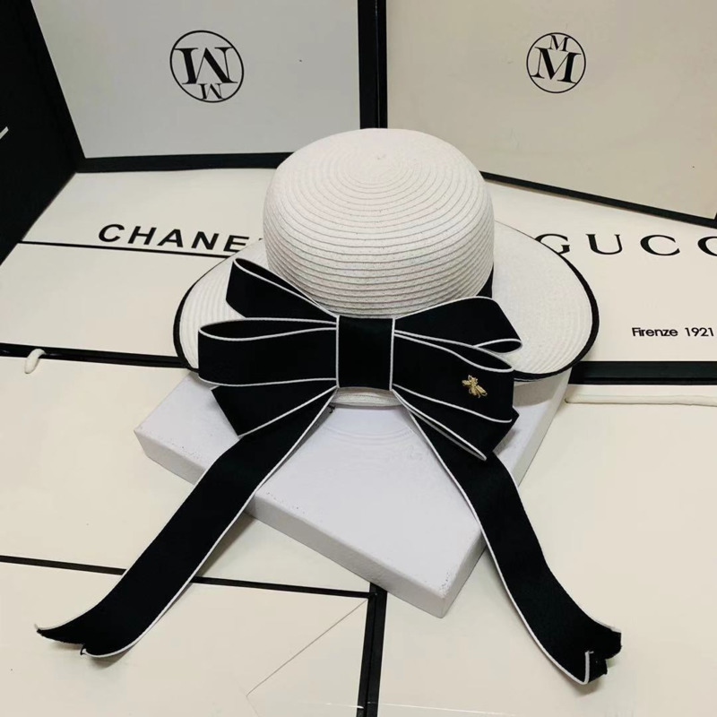 Fashion Wide Brim Casual Beach Sun Hat Women Summer Knit Straw Hat Sunscreen Block UV Protection Panama Bow Cap