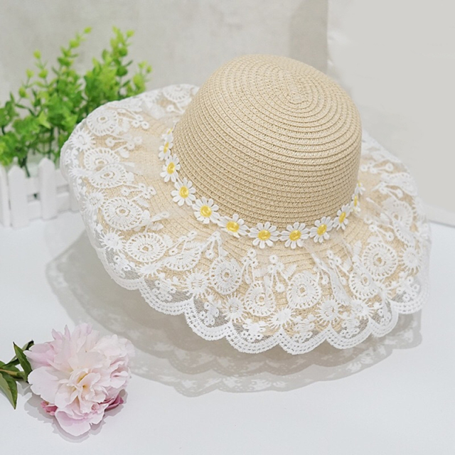 Baby Princess Raffia Straw Hat Summer Breathable Holiday Beach Panama Caps Gorros Kid Child Girl Lace Flower Sun Hat
