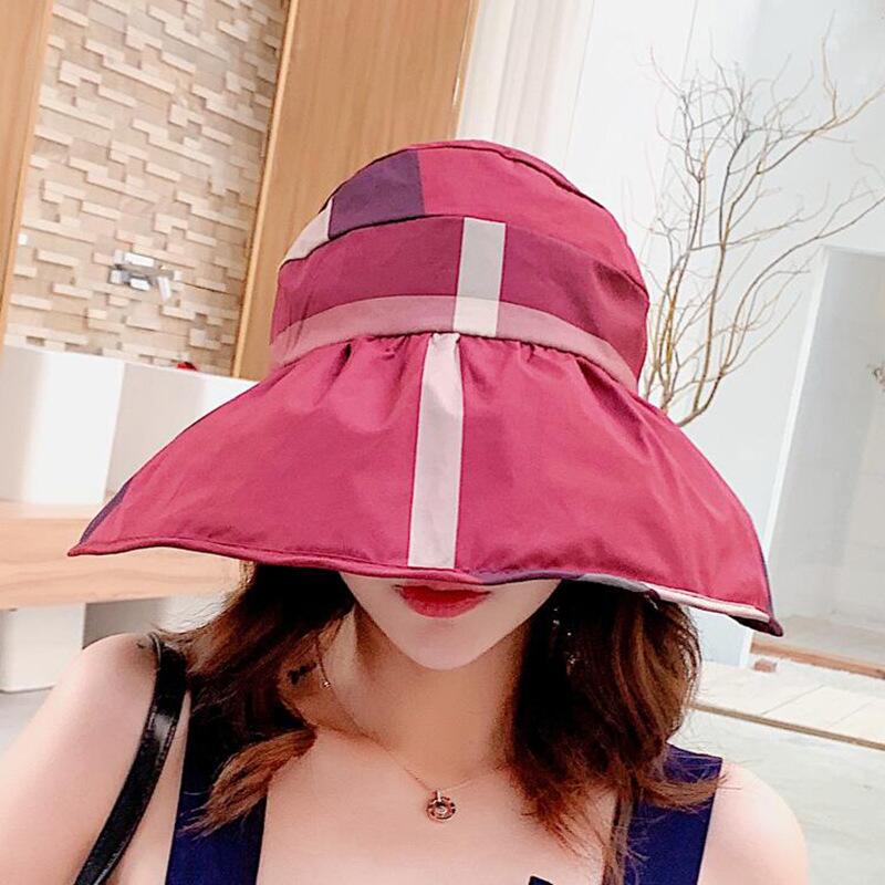 Summer Women Sun Hats Plaid Empty Top Visor Cap Big Wide Brim Adjustable Casual Foldable Anti-UV Beach Sun Shade Hat Female