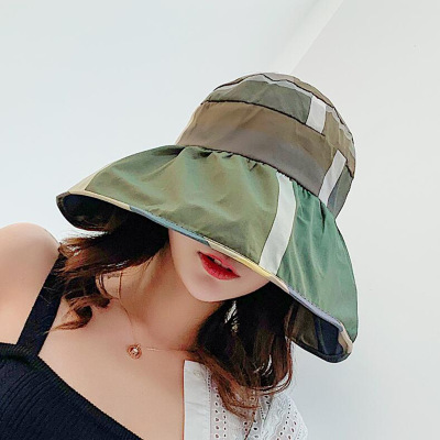 Summer Women Sun Hats Plaid Empty Top Visor Cap Big Wide Brim Adjustable Casual Foldable Anti-UV Beach Sun Shade Hat Female