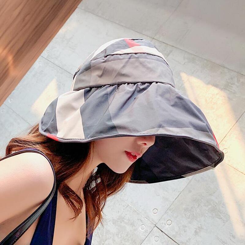 Summer Women Sun Hats Plaid Empty Top Visor Cap Big Wide Brim Adjustable Casual Foldable Anti-UV Beach Sun Shade Hat Female