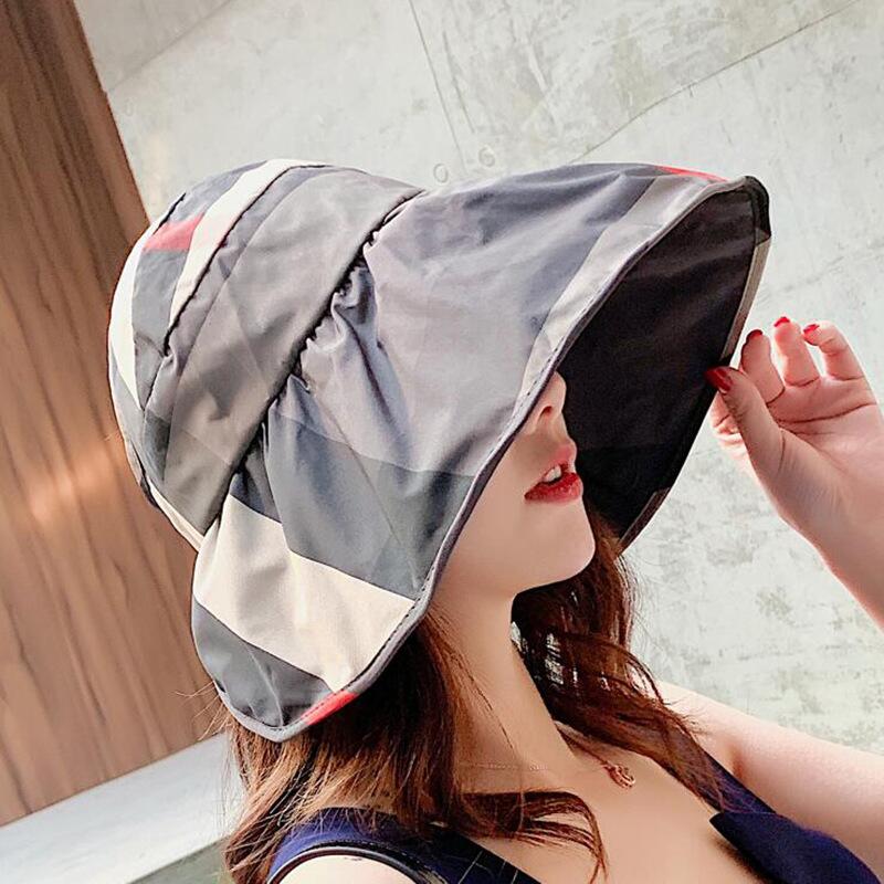 Summer Women Sun Hats Plaid Empty Top Visor Cap Big Wide Brim Adjustable Casual Foldable Anti-UV Beach Sun Shade Hat Female
