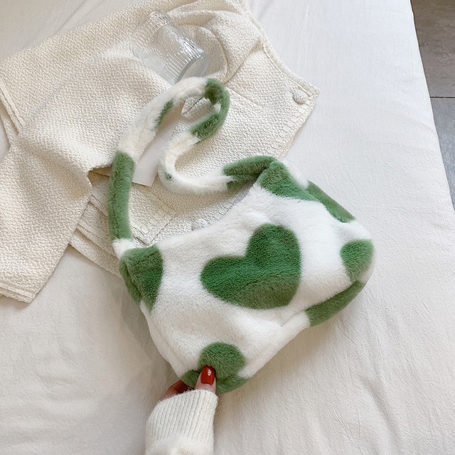 Women Designer Love Heart Print Shoulder Bags Winter Soft Plush Crossbody Female Warm Fluffy Underarm Bags Small Travel Bag