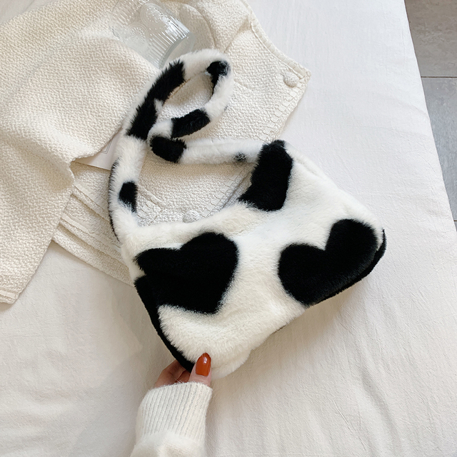 Women Designer Love Heart Print Shoulder Bags Winter Soft Plush Crossbody Female Warm Fluffy Underarm Bags Small Travel Bag