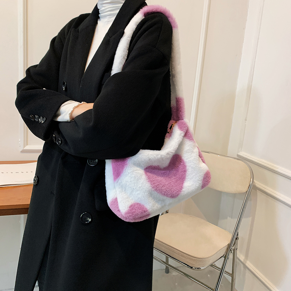 Women Designer Love Heart Print Shoulder Bags Winter Soft Plush Crossbody Female Warm Fluffy Underarm Bags Small Travel Bag