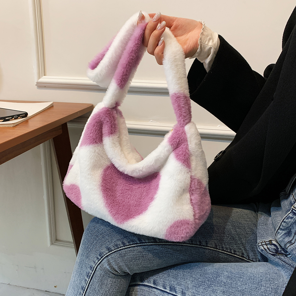 Women Designer Love Heart Print Shoulder Bags Winter Soft Plush Crossbody Female Warm Fluffy Underarm Bags Small Travel Bag