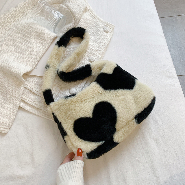 Women Designer Love Heart Print Shoulder Bags Winter Soft Plush Crossbody Female Warm Fluffy Underarm Bags Small Travel Bag