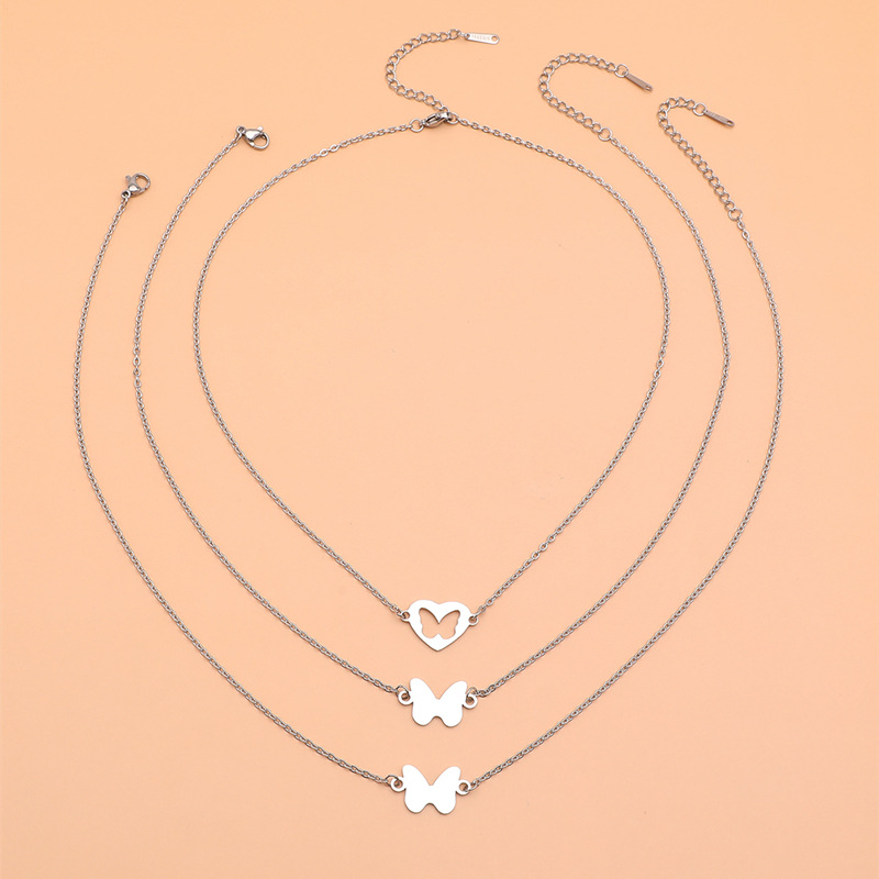 Charm Moon Sun Couple Necklace Stainless Steel Hollow Butterfly Heart Pendant Link Chain Necklace For Women Men Family Jewelry
