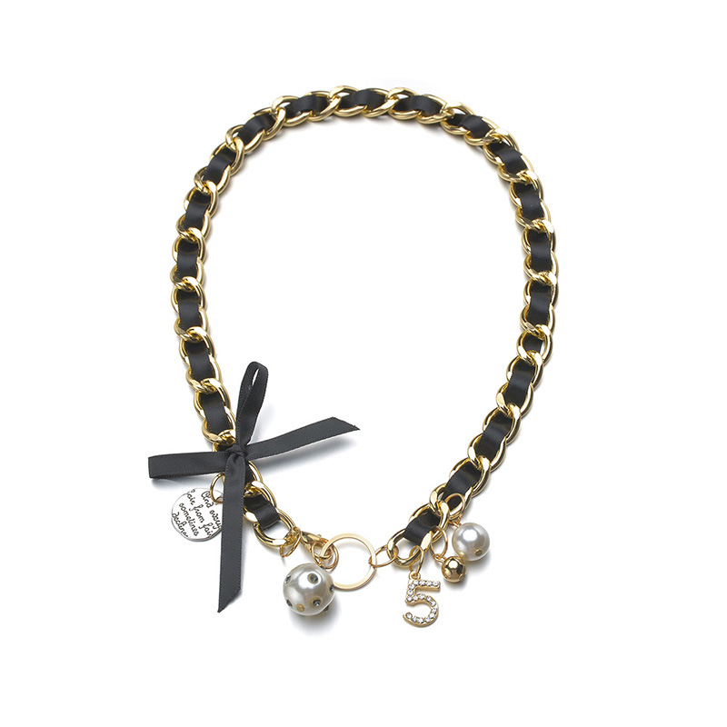 Chain Pearl Number 5 Necklace Leather Braid Luxury Jewelry Bow Knot Pendant Women Sweater Gift Fashion Accessories Wholesale