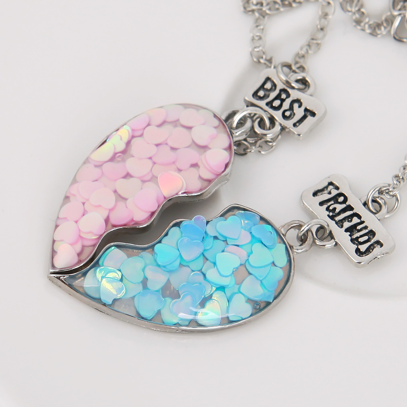 2Pcs/set Fashion Best Friends Necklaces Sequin Heart Broken Stitching Pendant Chain BFF Friendship Jewelry Gifts for Girls Women