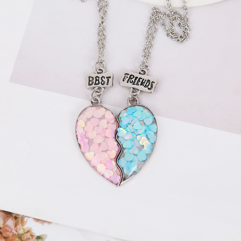 2Pcs/set Fashion Best Friends Necklaces Sequin Heart Broken Stitching Pendant Chain BFF Friendship Jewelry Gifts for Girls Women