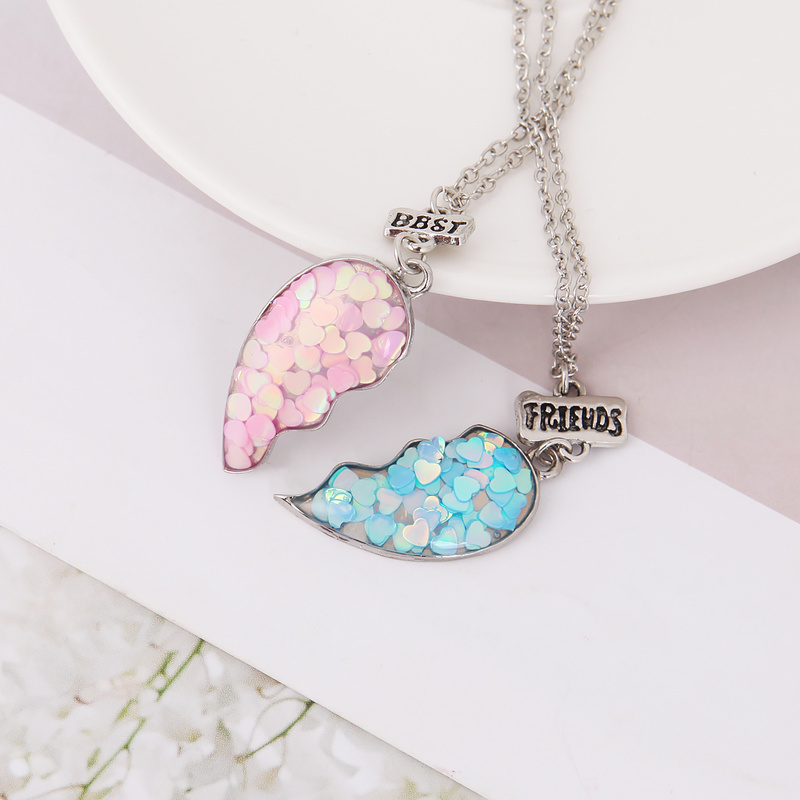 2Pcs/set Fashion Best Friends Necklaces Sequin Heart Broken Stitching Pendant Chain BFF Friendship Jewelry Gifts for Girls Women