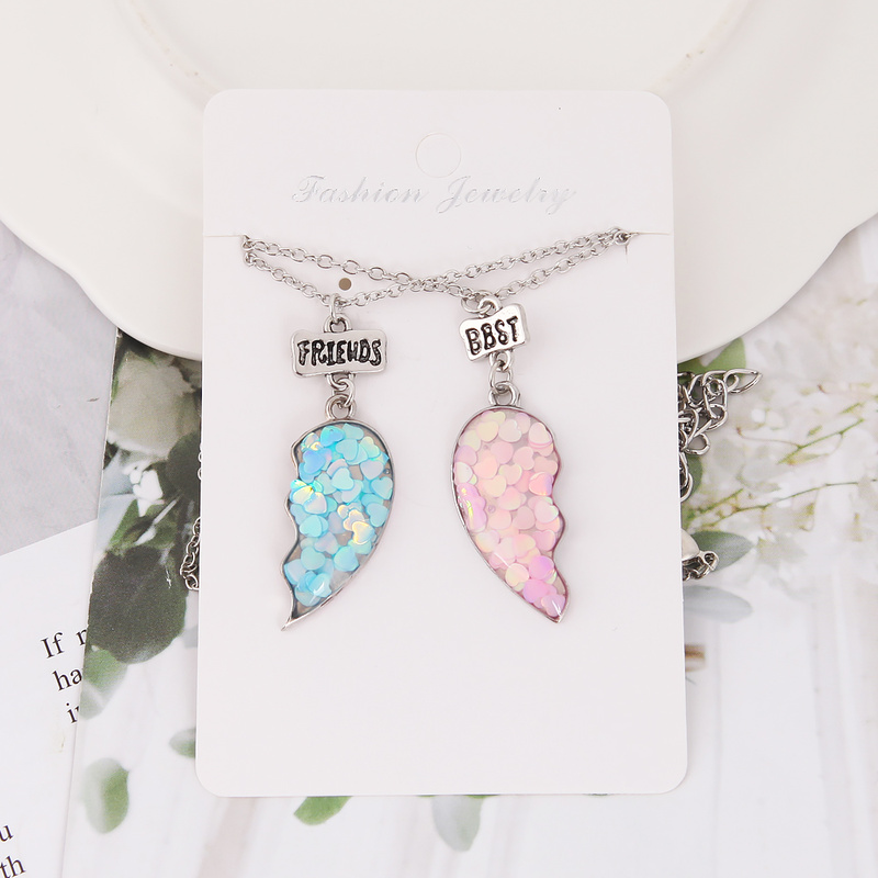 2Pcs/set Fashion Best Friends Necklaces Sequin Heart Broken Stitching Pendant Chain BFF Friendship Jewelry Gifts for Girls Women