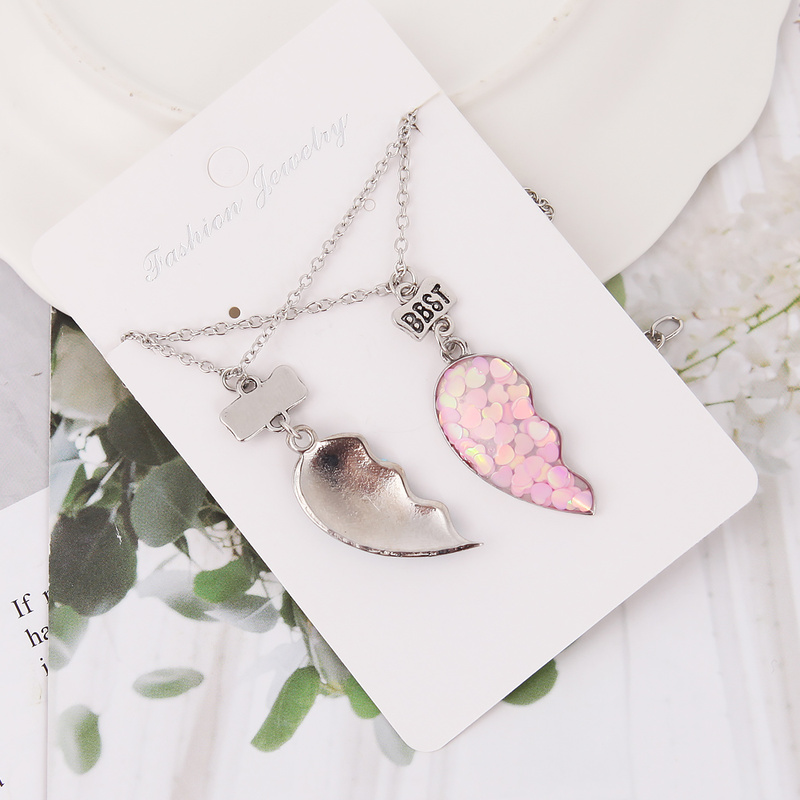 2Pcs/set Fashion Best Friends Necklaces Sequin Heart Broken Stitching Pendant Chain BFF Friendship Jewelry Gifts for Girls Women