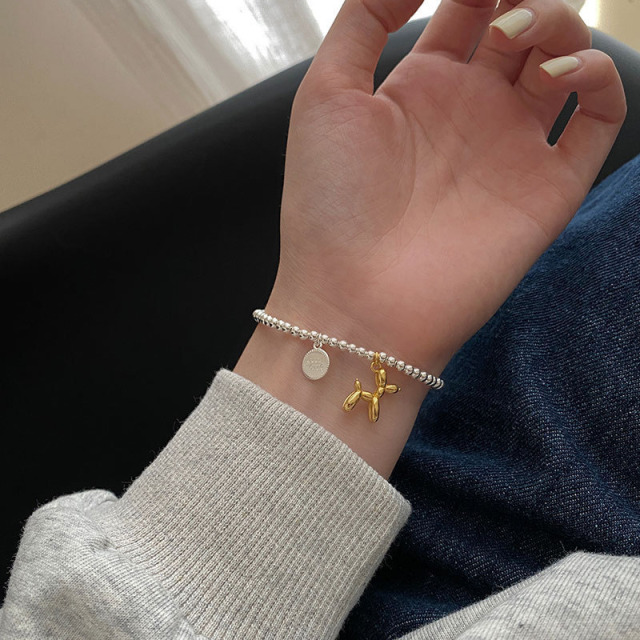 925 Sterling Silver  Letter Brand Puppy Pendant Bracelet Female Handmade Beads Chain Lovely Girl Jewelry