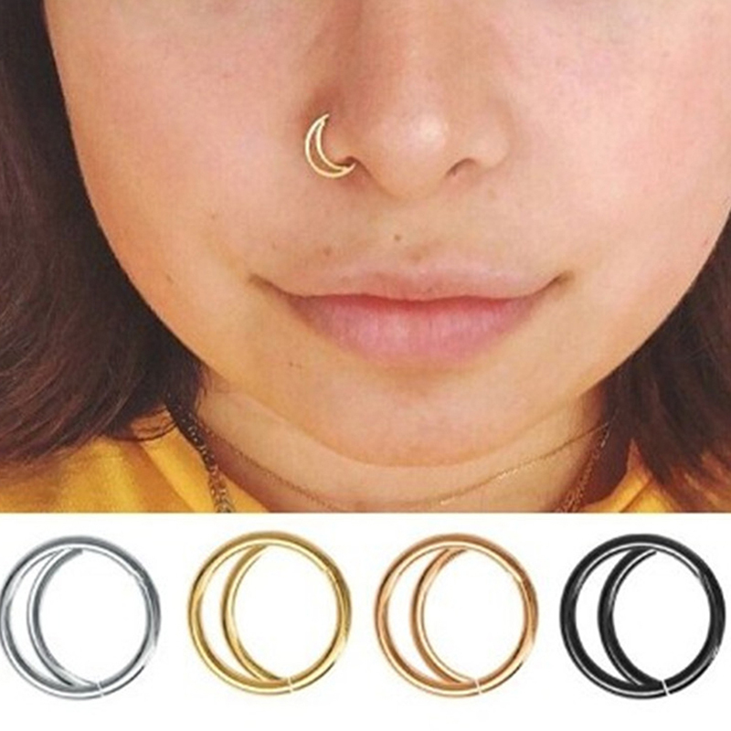 2Pcs Stainless Steel Nose Ring Moon Shape Solid Color Fake Nose Piercing Ear Cartilage Helix Piercing Women Body Jewelry Gift
