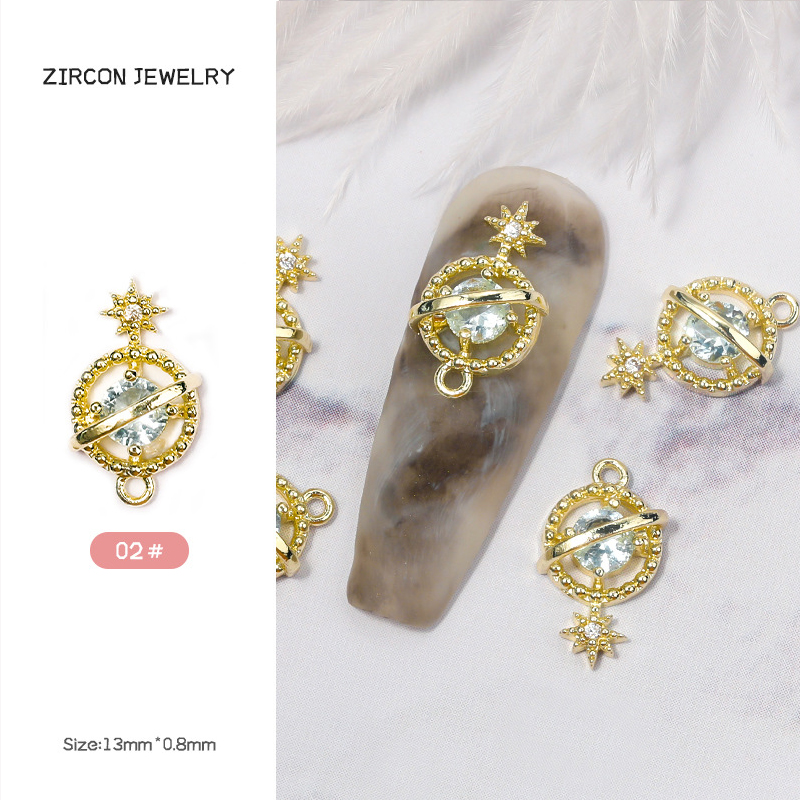 3D Glitter Metal Planet Cross Nail Charms Luxury Metal Deco Charms Design Trendy Rhinestones Alloy Manicure Jewelry 5PCS
