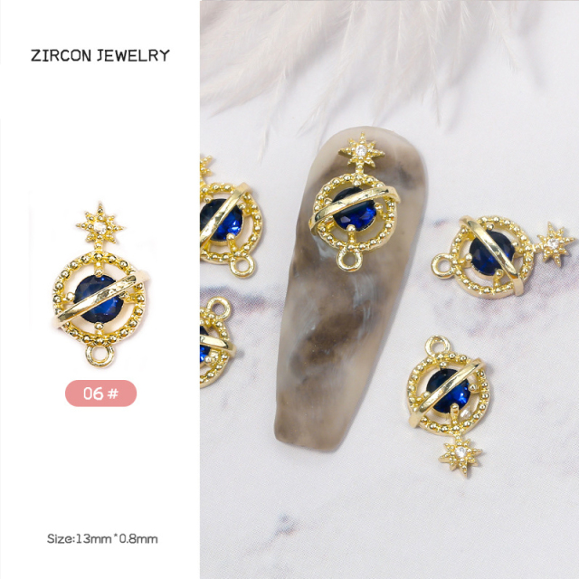 3D Glitter Metal Planet Cross Nail Charms Luxury Metal Deco Charms Design Trendy Rhinestones Alloy Manicure Jewelry 5PCS