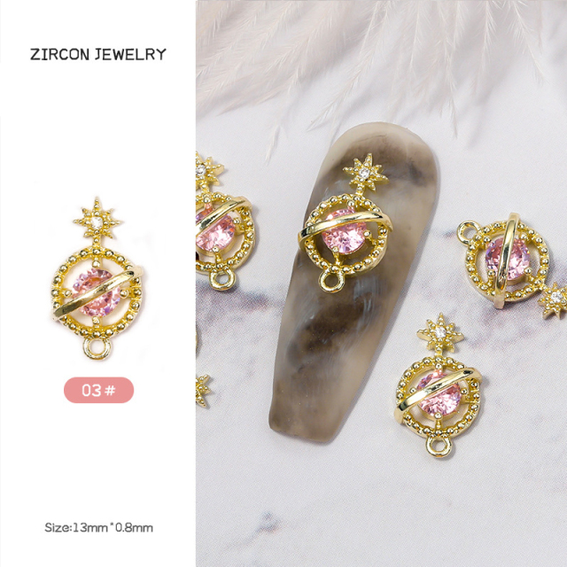 3D Glitter Metal Planet Cross Nail Charms Luxury Metal Deco Charms Design Trendy Rhinestones Alloy Manicure Jewelry 5PCS