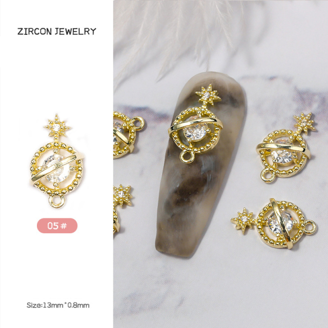 3D Glitter Metal Planet Cross Nail Charms Luxury Metal Deco Charms Design Trendy Rhinestones Alloy Manicure Jewelry 5PCS