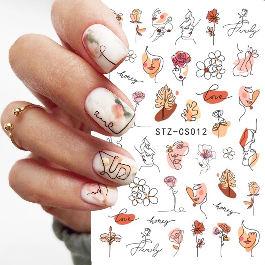 3pcs Abstract Lady Face Nail Decals Water Black Leaf Sliders Paper Nail Art Decor Gel Polish Sticker Manicure Foils