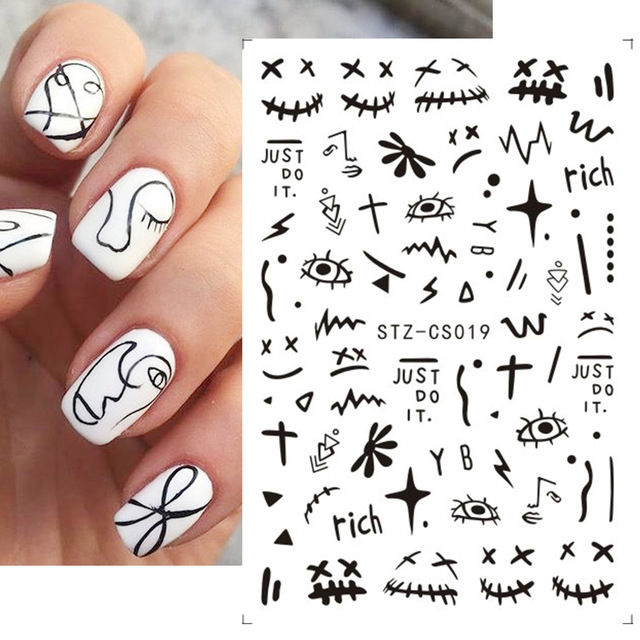 3pcs Abstract Lady Face Nail Decals Water Black Leaf Sliders Paper Nail Art Decor Gel Polish Sticker Manicure Foils