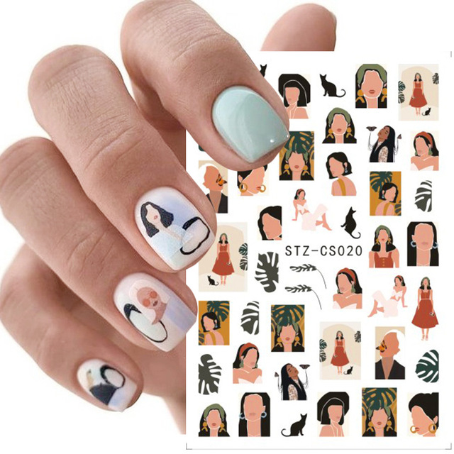 3pcs Abstract Lady Face Nail Decals Water Black Leaf Sliders Paper Nail Art Decor Gel Polish Sticker Manicure Foils
