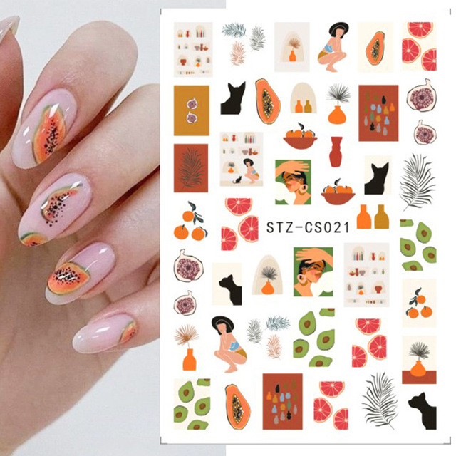 3pcs Abstract Lady Face Nail Decals Water Black Leaf Sliders Paper Nail Art Decor Gel Polish Sticker Manicure Foils