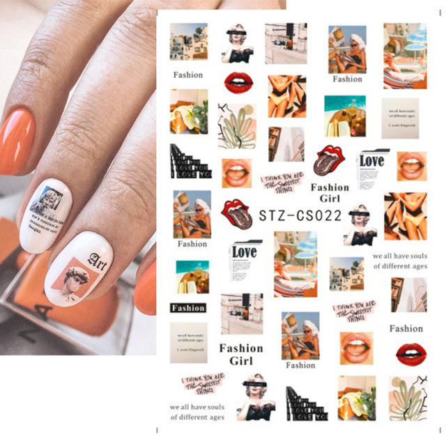 3pcs Abstract Lady Face Nail Decals Water Black Leaf Sliders Paper Nail Art Decor Gel Polish Sticker Manicure Foils