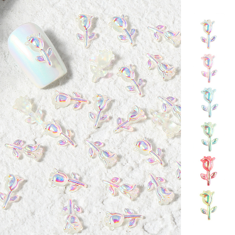 30Pcs 3D Cute Resin Aurora Rose Flowers Nail Art Decorations For Jewelry Charms DIY Manicure Nails Glitter Accessories