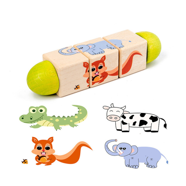 Kids Rotating 3D Jigsaw Puzzle Game Animal Cognitive Wooden Toys for Children 0-3 Years Baby Early Educational Puzzles Toy