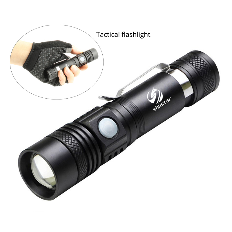 LED Flashlight With XP-L V6 LED lamp beads Waterproof Torch Zoomable 4 lighting modes Multi-function USB charging