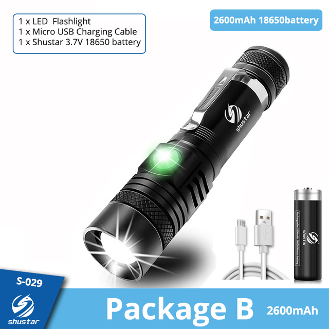 LED Flashlight With XP-L V6 LED lamp beads Waterproof Torch Zoomable 4 lighting modes Multi-function USB charging