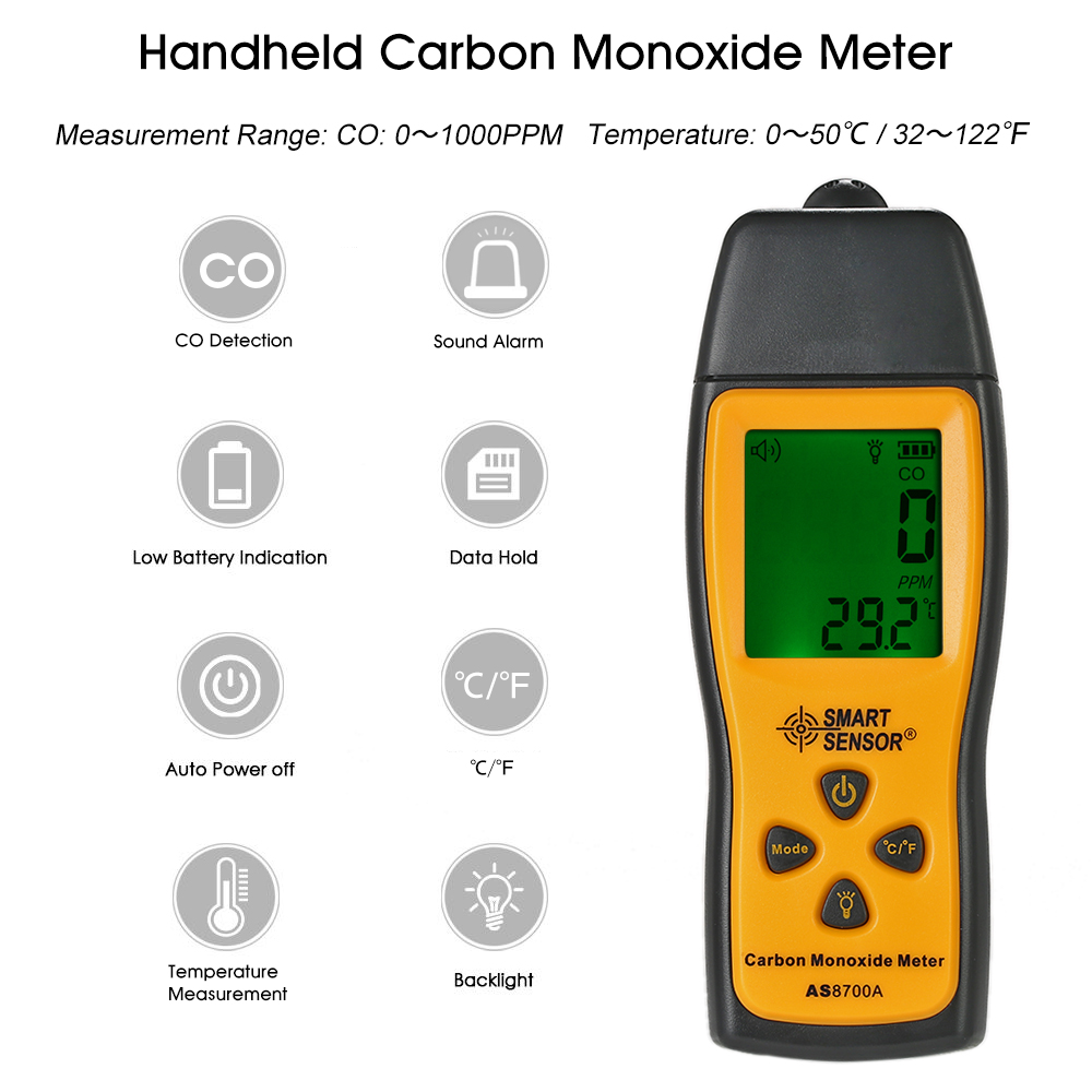 SMART SENSOR CO Detector Handheld Carbon Monoxide Meter with High Precision CO Gas Tester Monitor Detector Gauge Sound Alarm