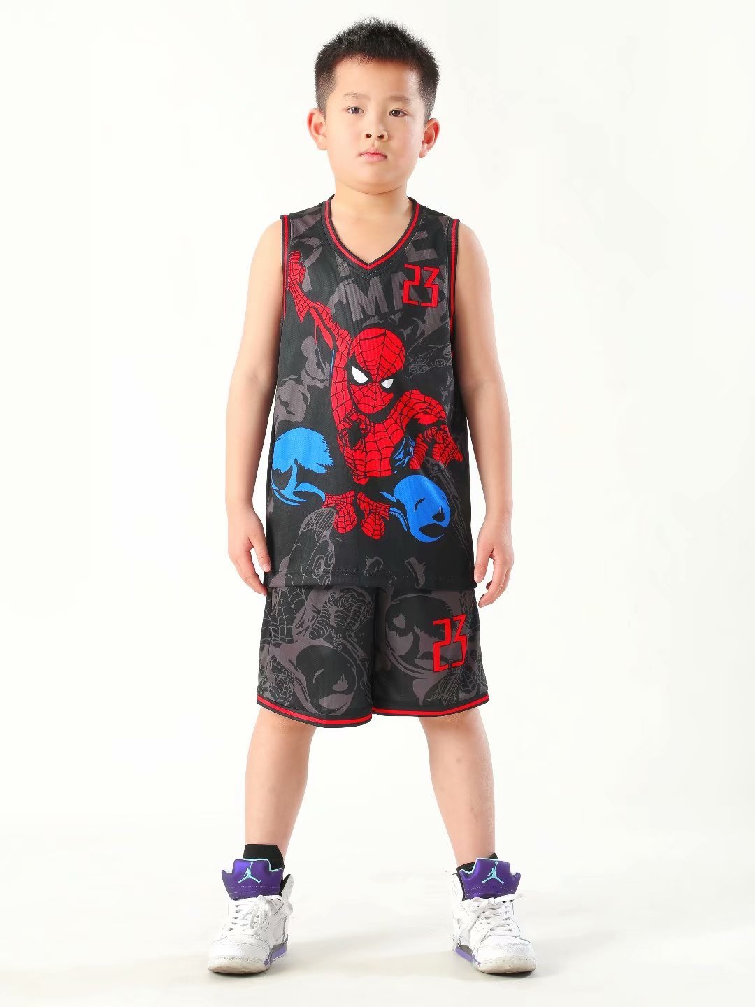 Summer Children's Jersey Baby Boys Cartoon Spiderman Number 23 Basketball Clothes Child 3-12 Years Basketball Sports Set