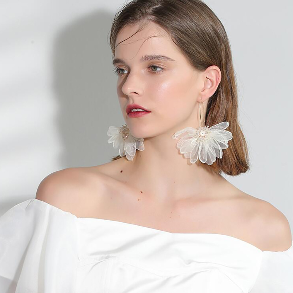 Holiday fengxianqi cloth art large Petal Flower Earrings Sen series Earrings female Korean temperament fresh Earrings