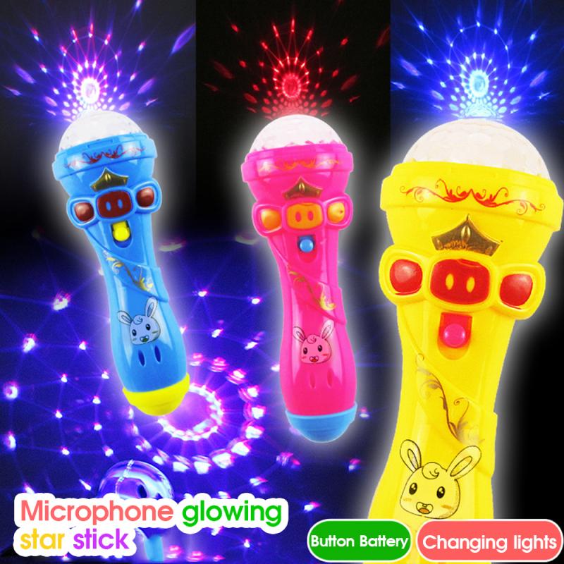 Projection Microphone Flashing LED Light Toy Torch Shape Starry Sky Light Stick Light Glowing Musical Toy Kids 2pcs
