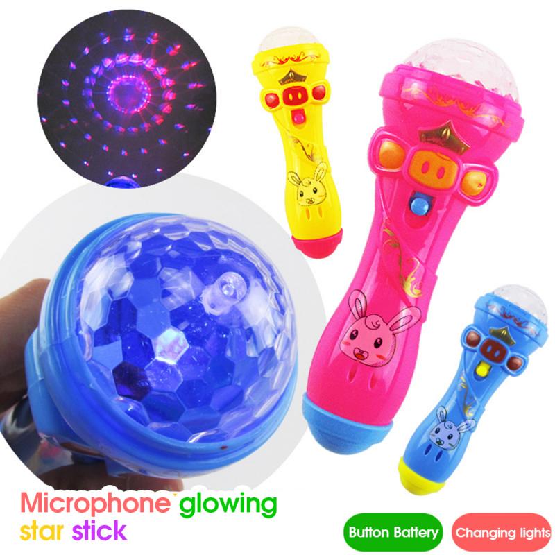 Projection Microphone Flashing LED Light Toy Torch Shape Starry Sky Light Stick Light Glowing Musical Toy Kids 2pcs