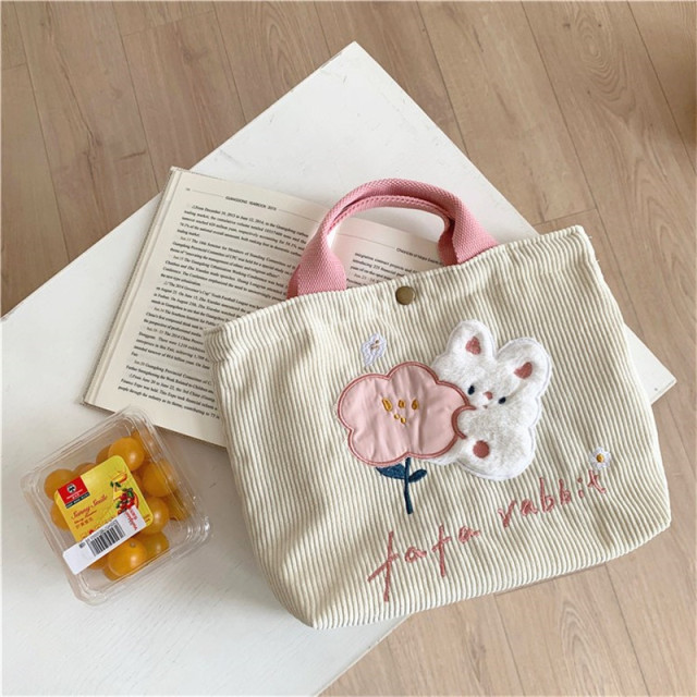 Women Cartoon Rabbit  Mini Handbag  Korean Style Corduroy Small Shopping Bag for Girl  Reusable Storage Tote Bag