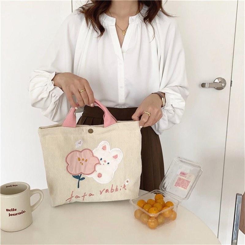 Women Cartoon Rabbit  Mini Handbag  Korean Style Corduroy Small Shopping Bag for Girl  Reusable Storage Tote Bag
