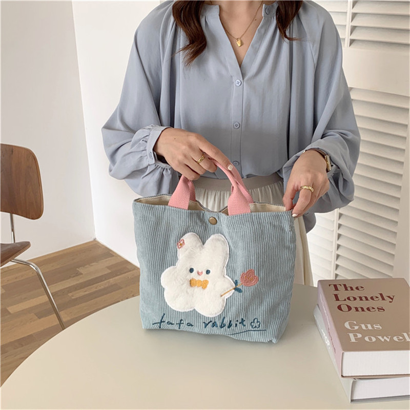 Women Cartoon Rabbit  Mini Handbag  Korean Style Corduroy Small Shopping Bag for Girl  Reusable Storage Tote Bag