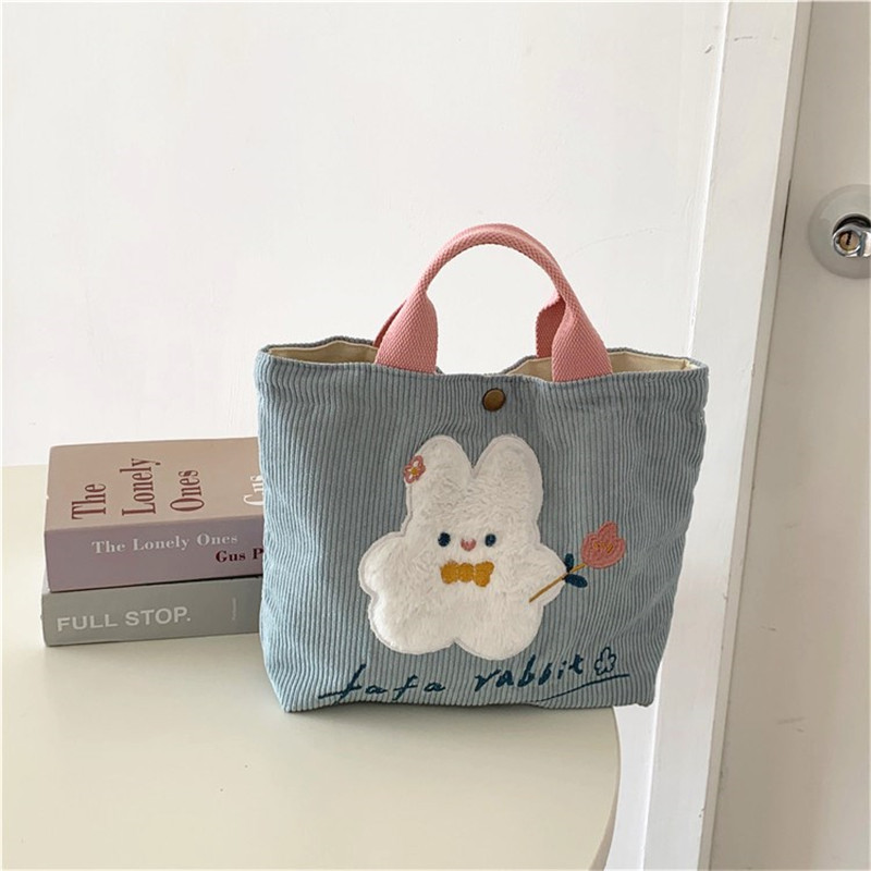 Women Cartoon Rabbit  Mini Handbag  Korean Style Corduroy Small Shopping Bag for Girl  Reusable Storage Tote Bag