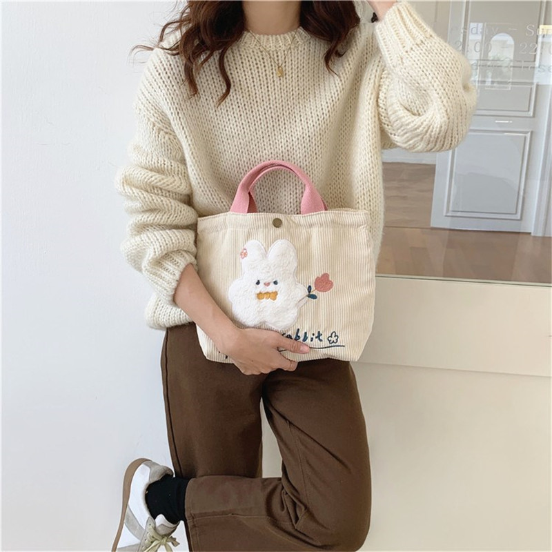 Women Cartoon Rabbit  Mini Handbag  Korean Style Corduroy Small Shopping Bag for Girl  Reusable Storage Tote Bag