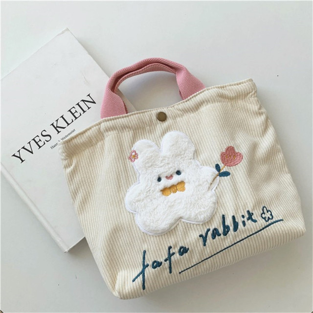 Women Cartoon Rabbit  Mini Handbag  Korean Style Corduroy Small Shopping Bag for Girl  Reusable Storage Tote Bag
