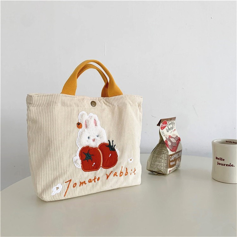 Women Cartoon Rabbit  Mini Handbag  Korean Style Corduroy Small Shopping Bag for Girl  Reusable Storage Tote Bag