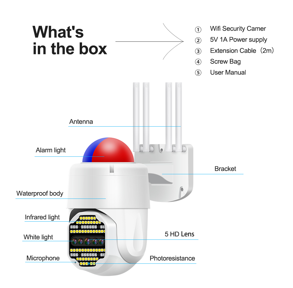 3MP PTZ 50X Zoom WiFi IP Camera WiFi Outdoor AI Human Tracking Security Camera CCTV Surveillance Siren Alarm Camera