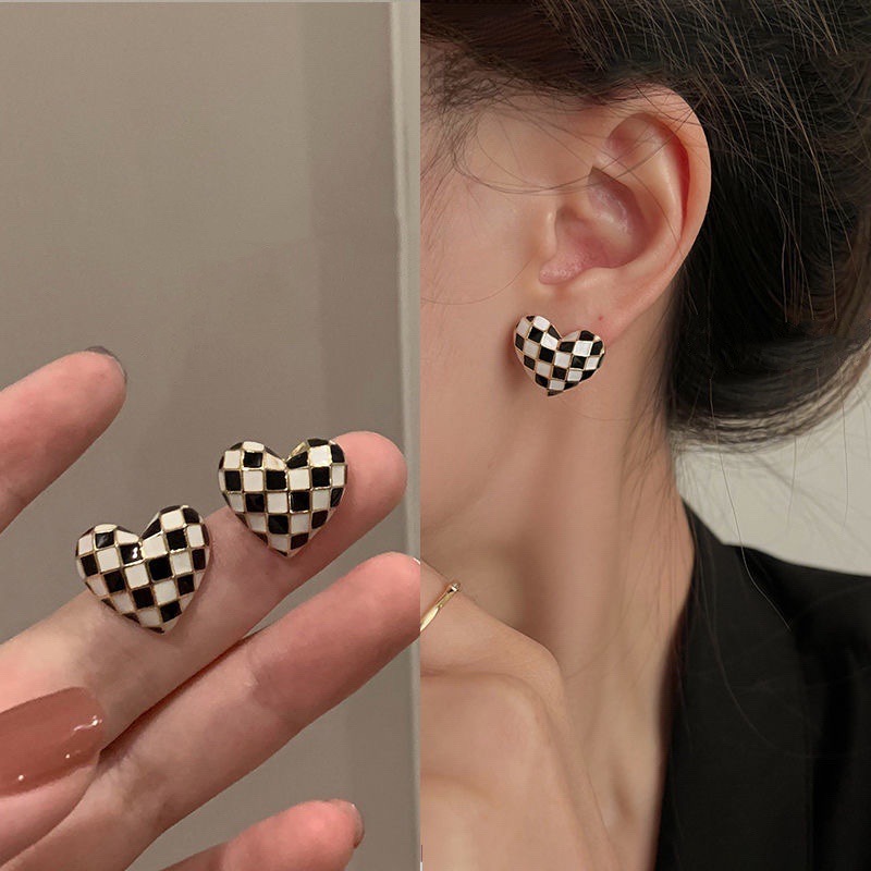 925 silver needle dripping oil chessboard lattice Love Earrings Korea small fairy tale sweet Earrings Sen series ins wind Earrings female