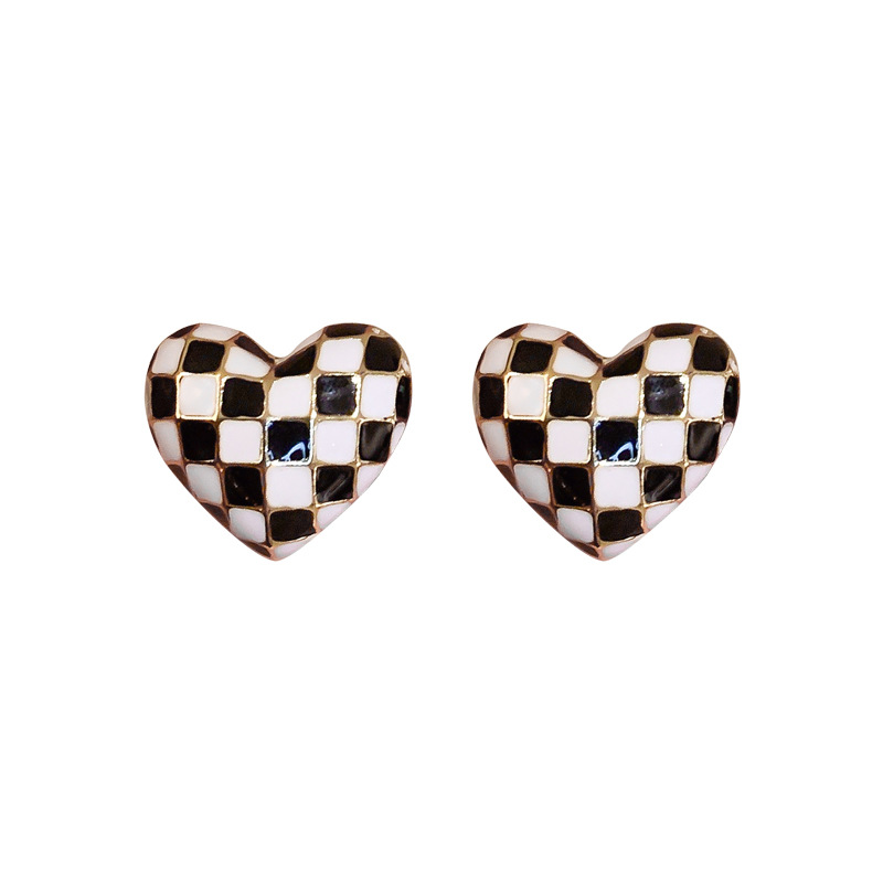 925 silver needle dripping oil chessboard lattice Love Earrings Korea small fairy tale sweet Earrings Sen series ins wind Earrings female