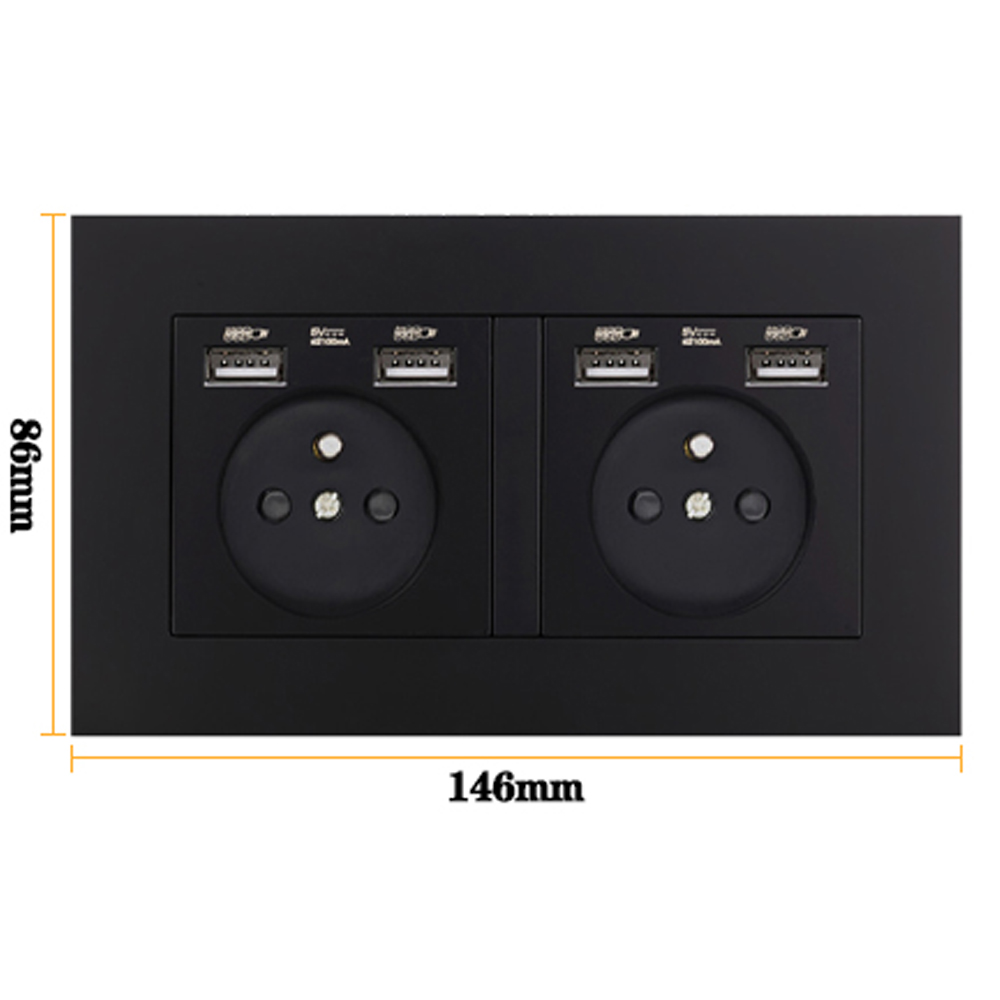 Standard USB socket panel , Double Outlet,16A Quality power panel AC 110~250V 146mm * 86mm,Double frame Wall USB Power Outlet